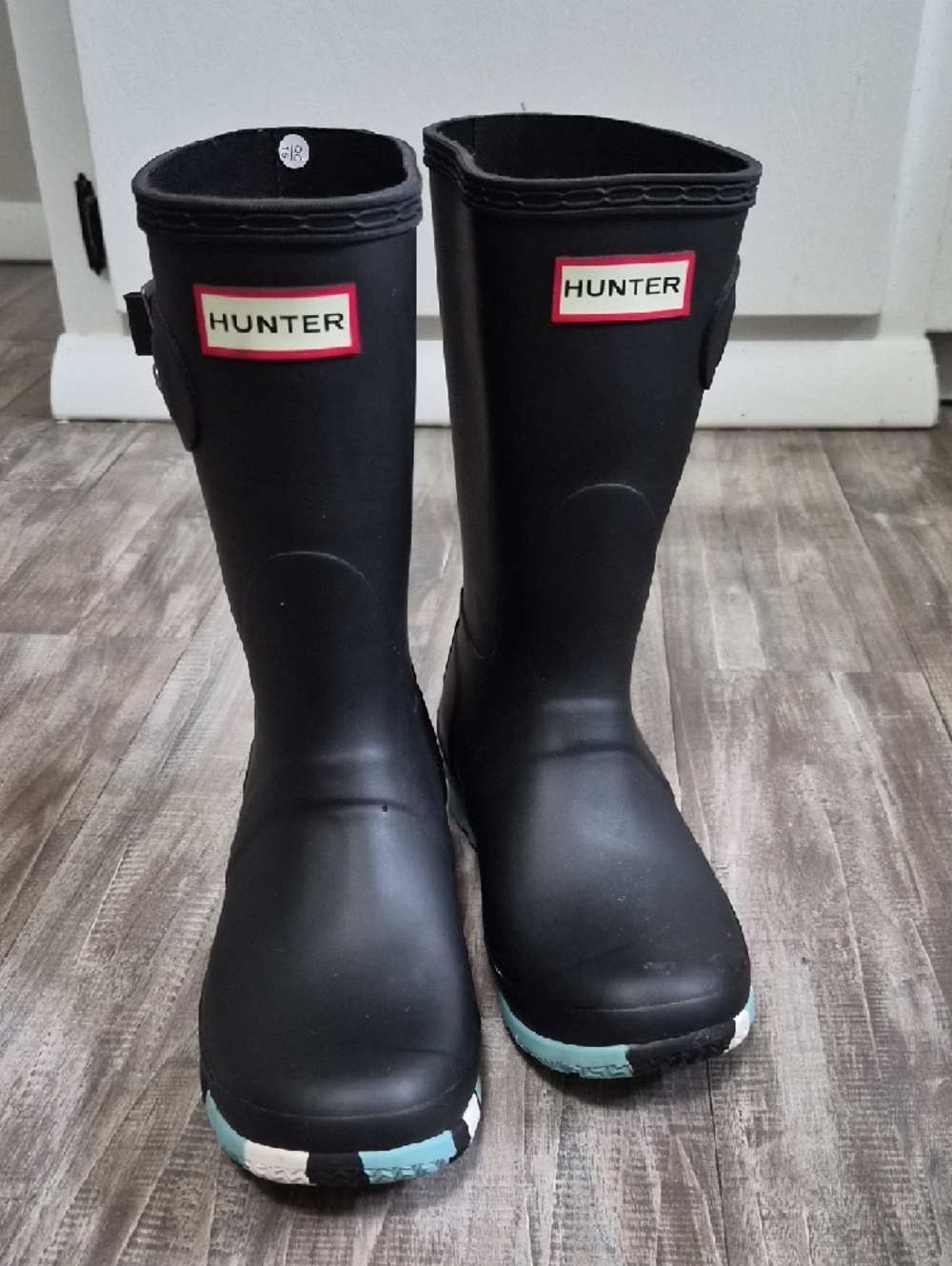 Hunter Black Rain Boots with Aqua Trim - Picture 2 of 6